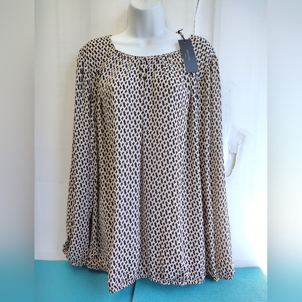 NWT Haver London Balloon Sleeves Blouse Top Elastic Waist & Cuffs Chiffon 2X